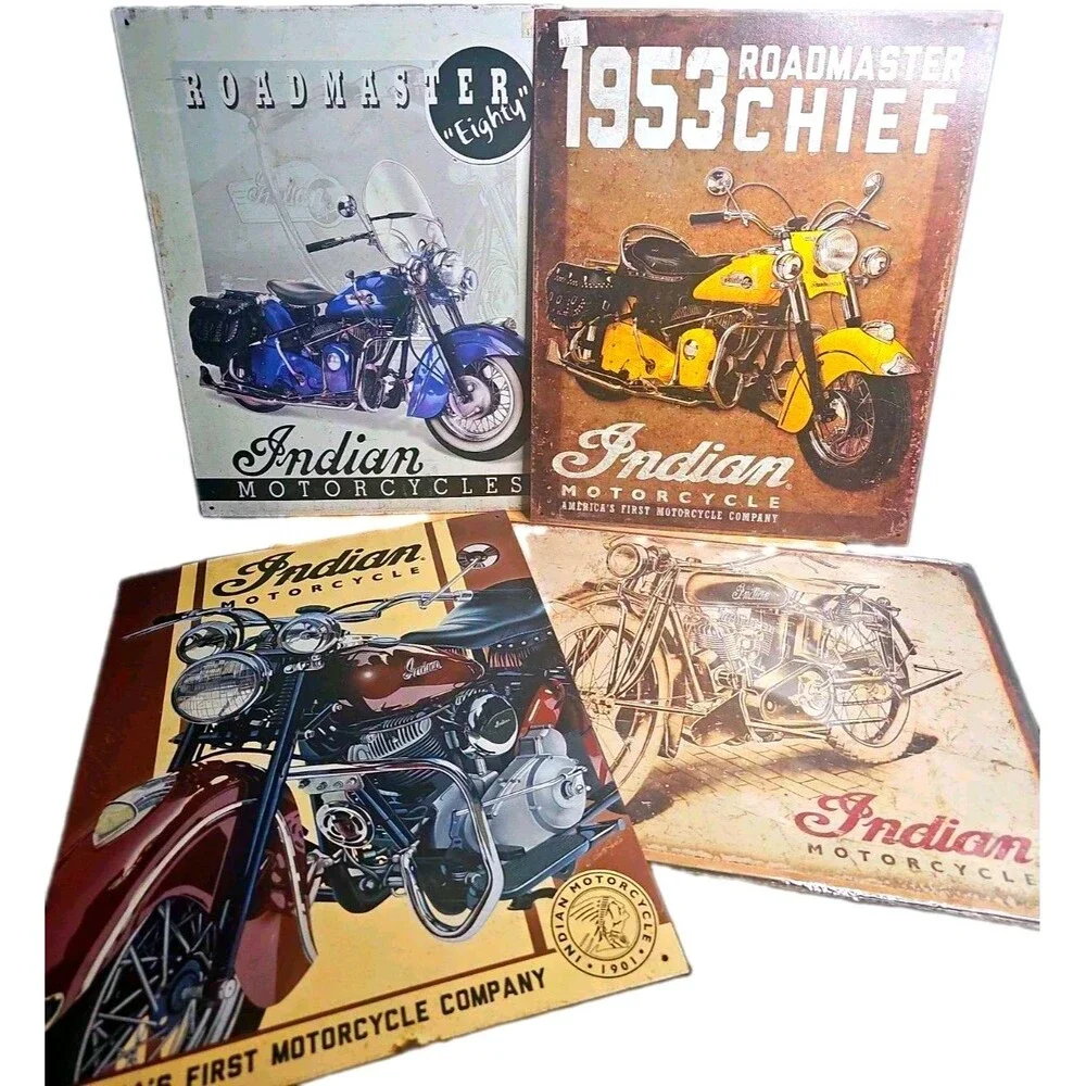 Indian Motorcycle Tin Sign Lot of 4 Chief Roadmaster Garage Man Cave USA